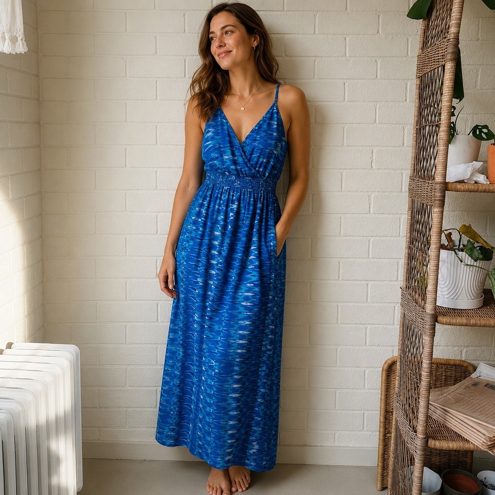 Charlie Jade Blue Ikat Maxi Dress XS Braided T-Back Boho Resort XS